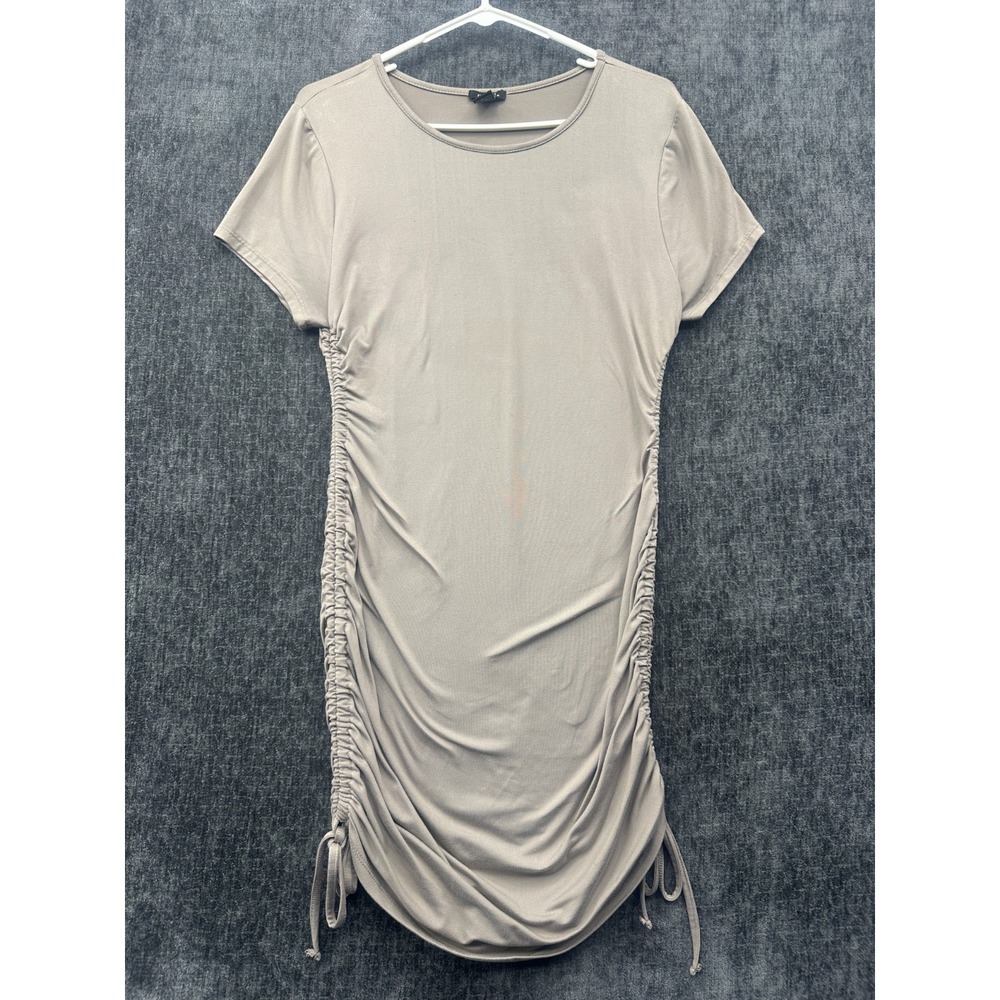 Rue21 Bodycon Dress Womens Large Beige Stretch Cap Sleeve Drawstring Ruched Side